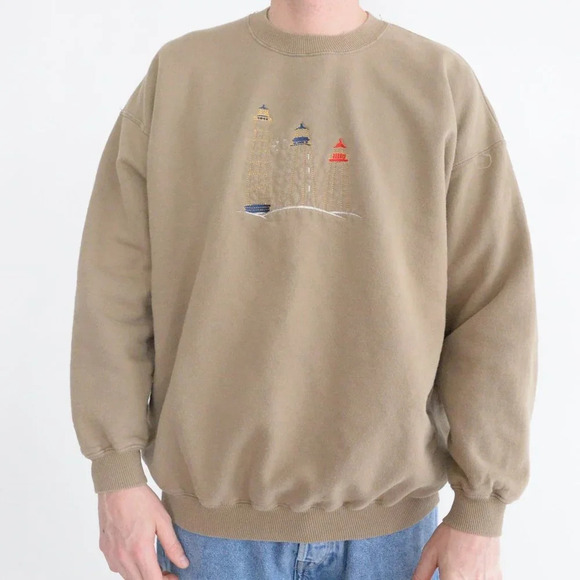 VTG 90'S Gilden  Activewear Heavyweight Lighthouses Sand Crew Neck Sweater XL - Picture 3 of 9